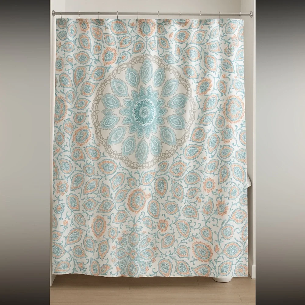 Cynthia Rowley Fabric Shower Curtain Boho Medallion Paisley Aqua Coral 72x72 